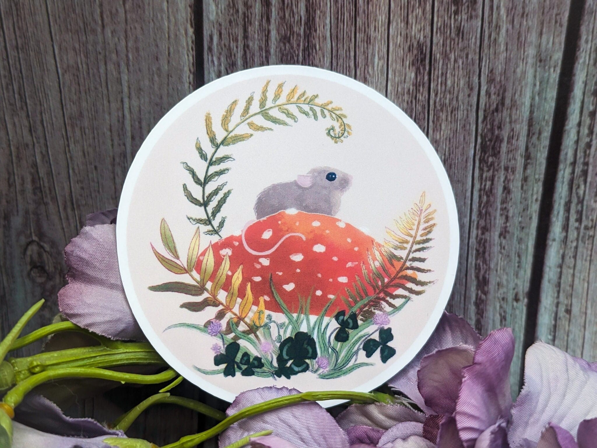 Field Mouse Vinyl Sticker: Cottagecore Mushroom Art