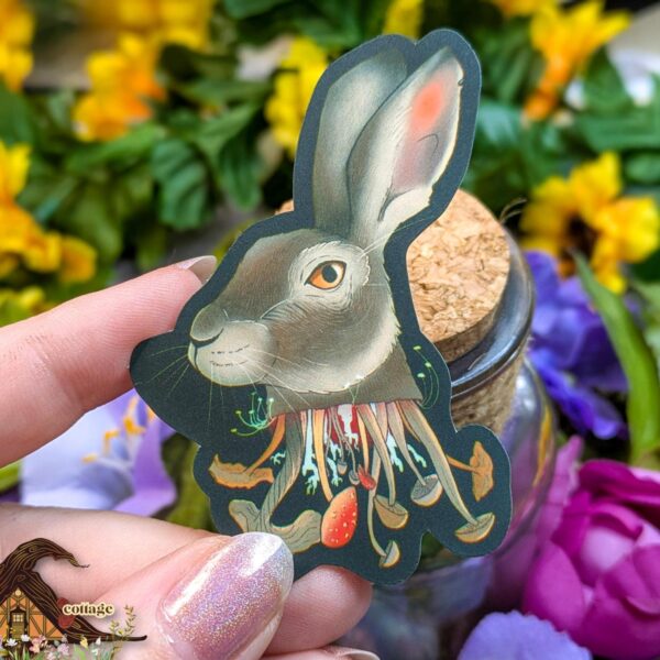 Mycelial Rabbit, Creepy Cottage-Core Vinyl Sticker for Laptop or Tablet