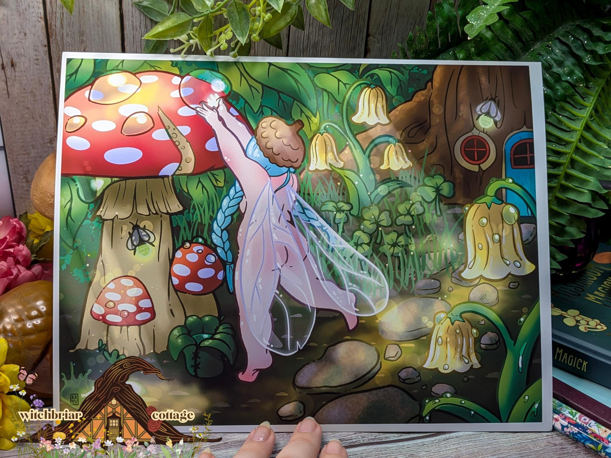 Art print of a tiny fairy with dragonfly wings reaching toward a large red mushroom in a magical forest, surrounded by foxglove flowers and a fairy-tale tree house